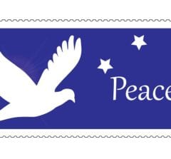 white dove and the word peace in blue background